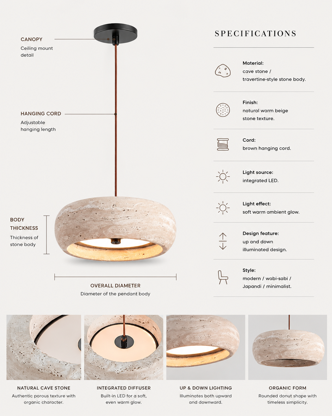 Travertine Pendant Light, Wabi-Sabi Natural Stone