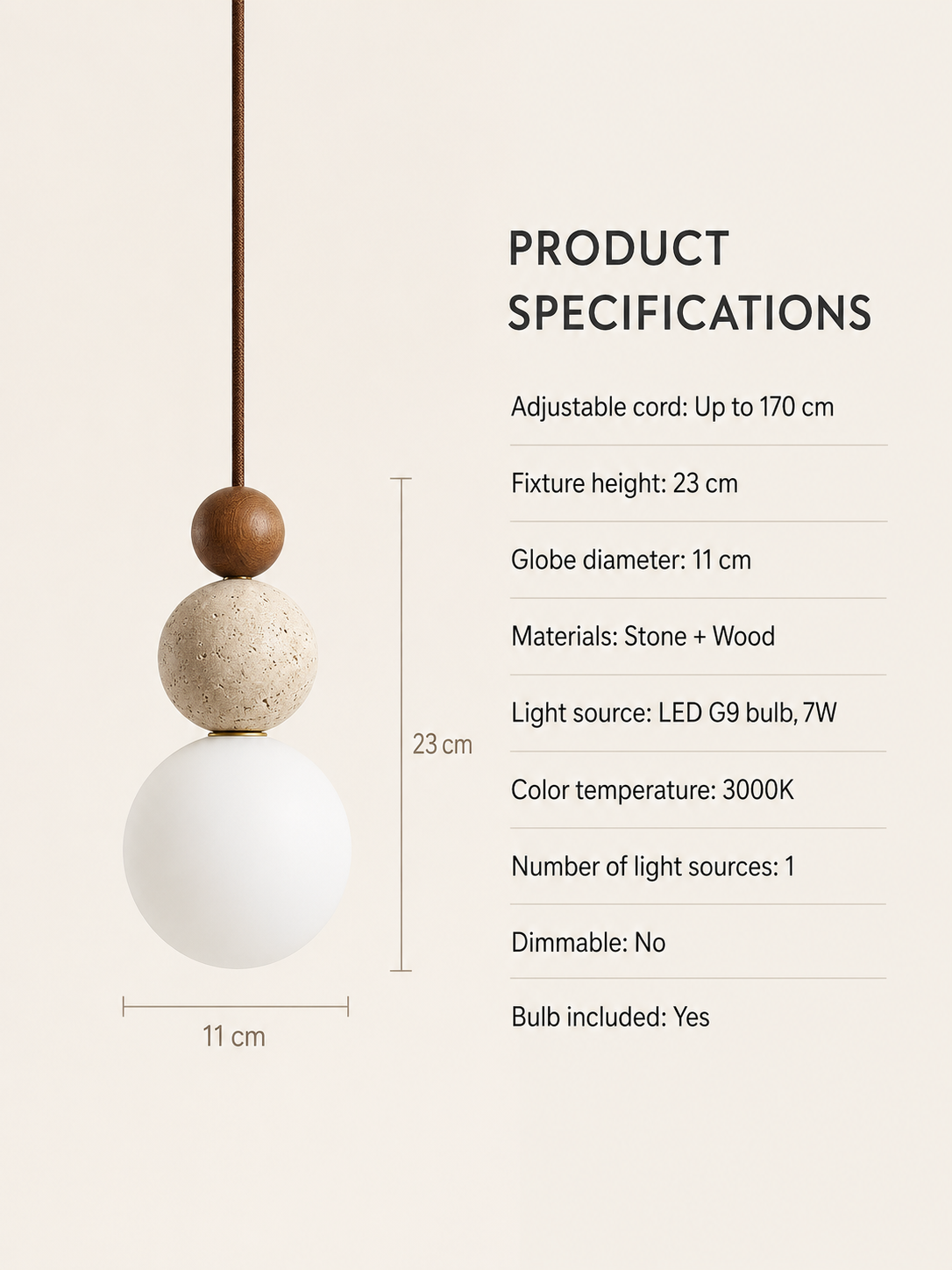 Tivoli — Travertine Stone & Wood Pendant Light