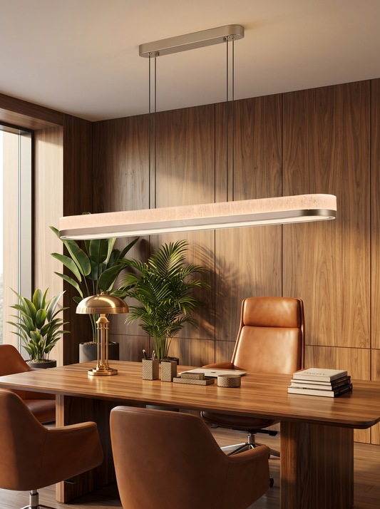 Lira chandelier above a walnut work table in an executive home office