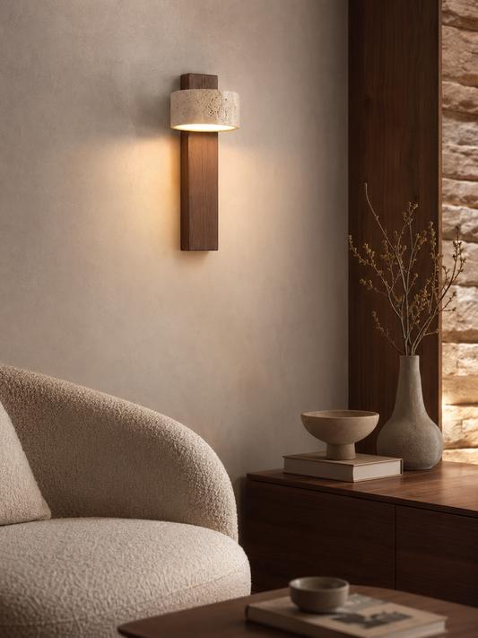 Livia — Travertine & Walnut Wall Sconce