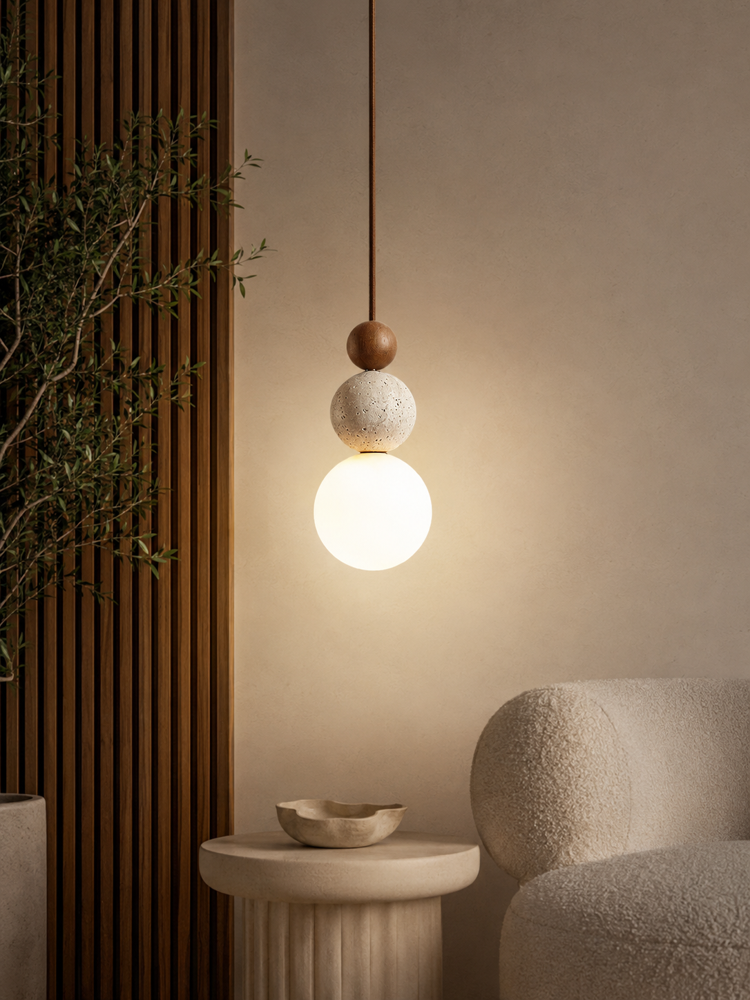 Tivoli — Travertine Stone & Wood Pendant Light