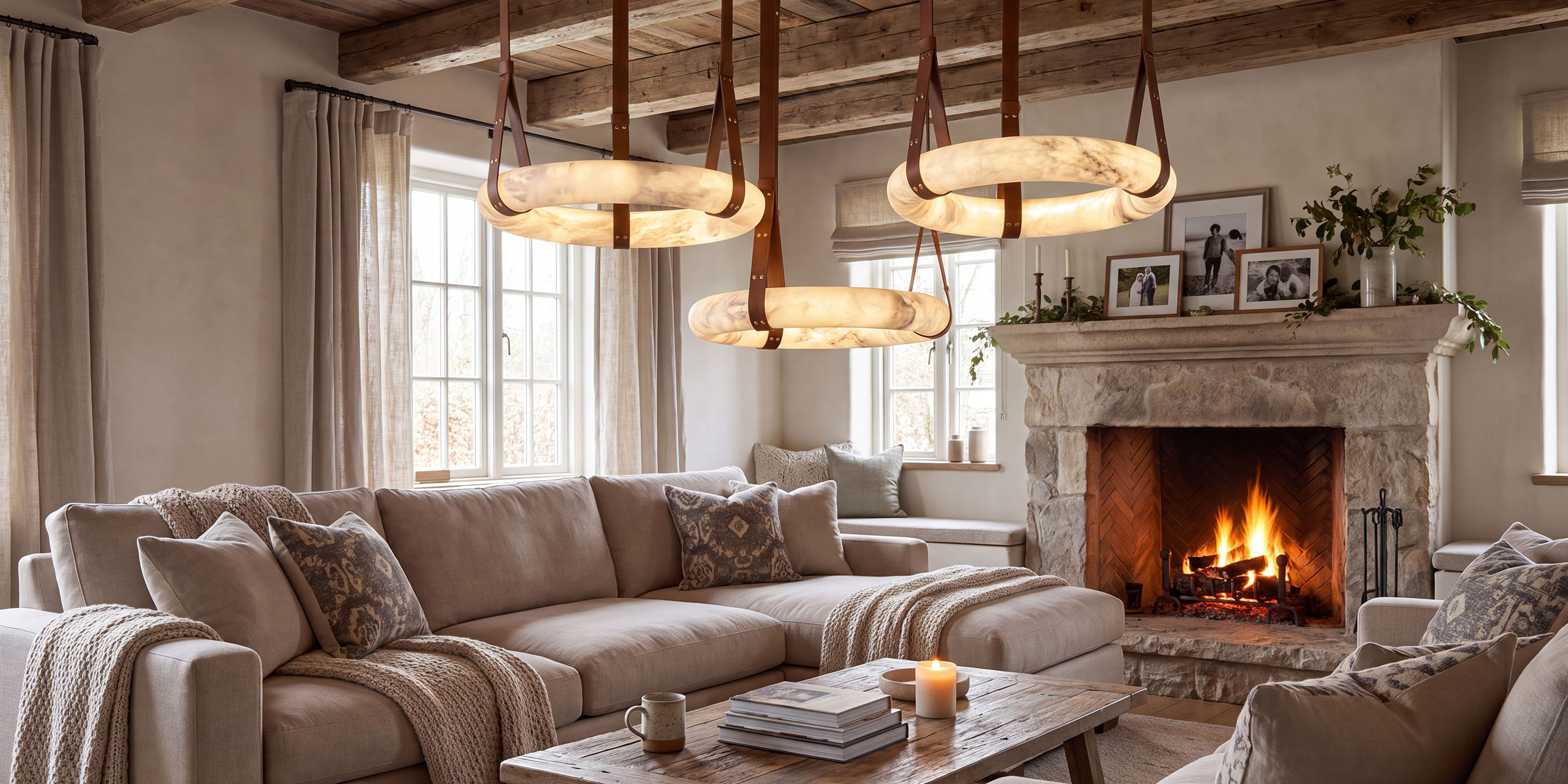 Warm floor and table lamps lighting a room after dark