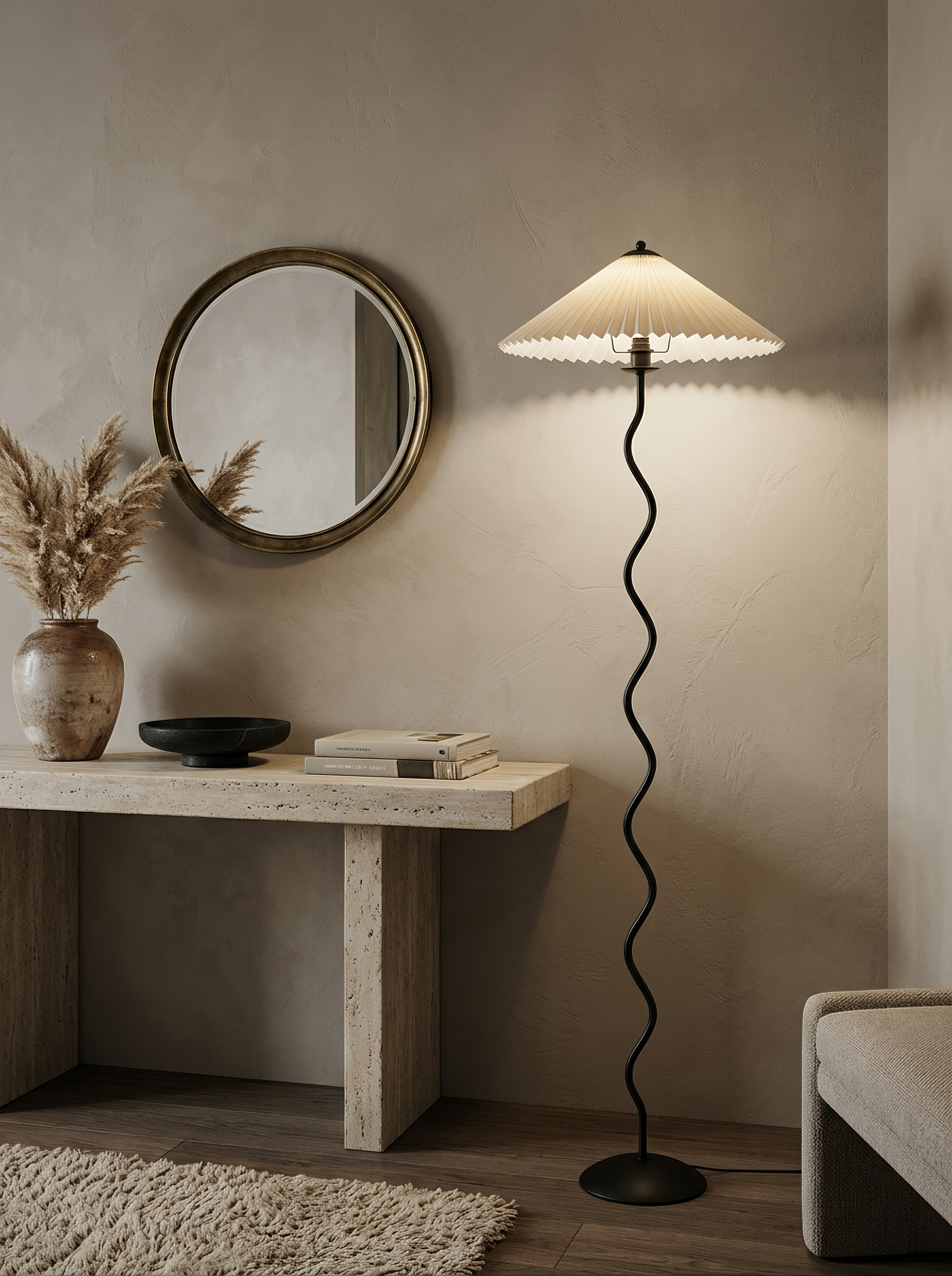 Dune floor lamp beside a travertine console table