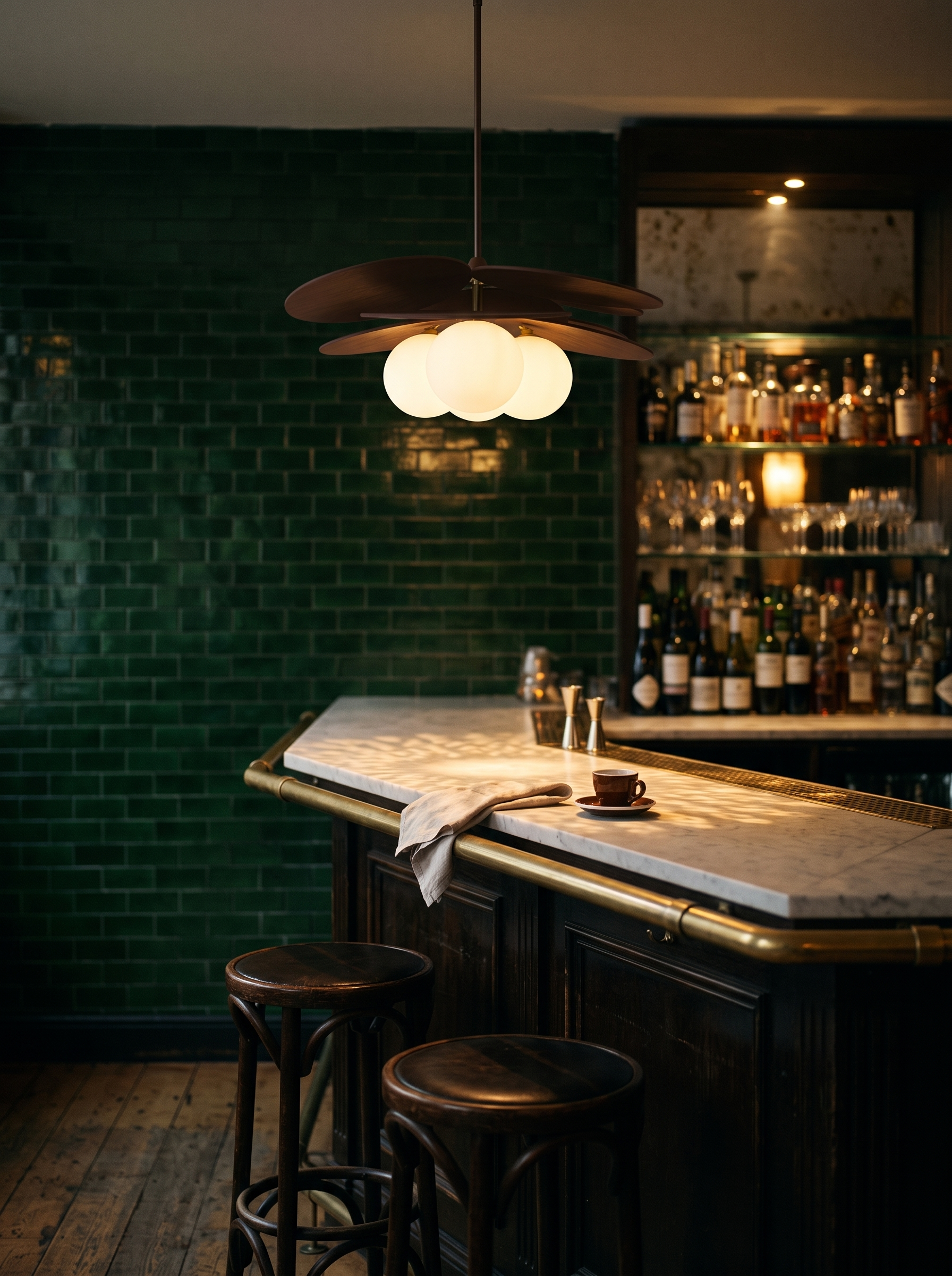Ashi rattan pendant above a marble cafe bar counter