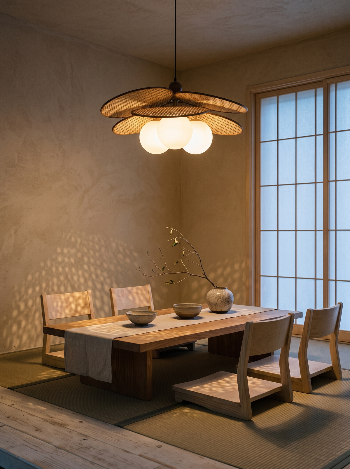 Ashi rattan pendant in a Japandi dining room