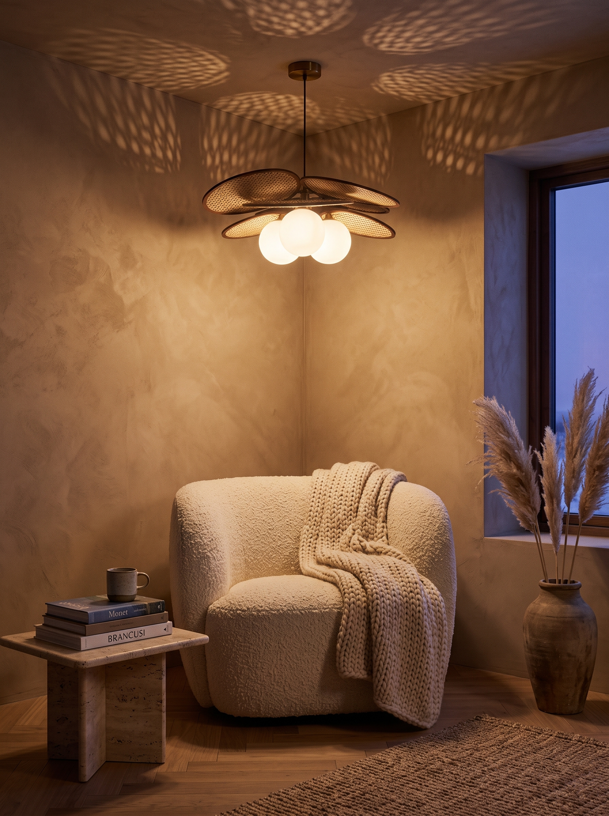 Ashi rattan pendant in a warm living room corner