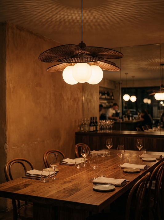 Ashi rattan pendant above a restaurant communal table