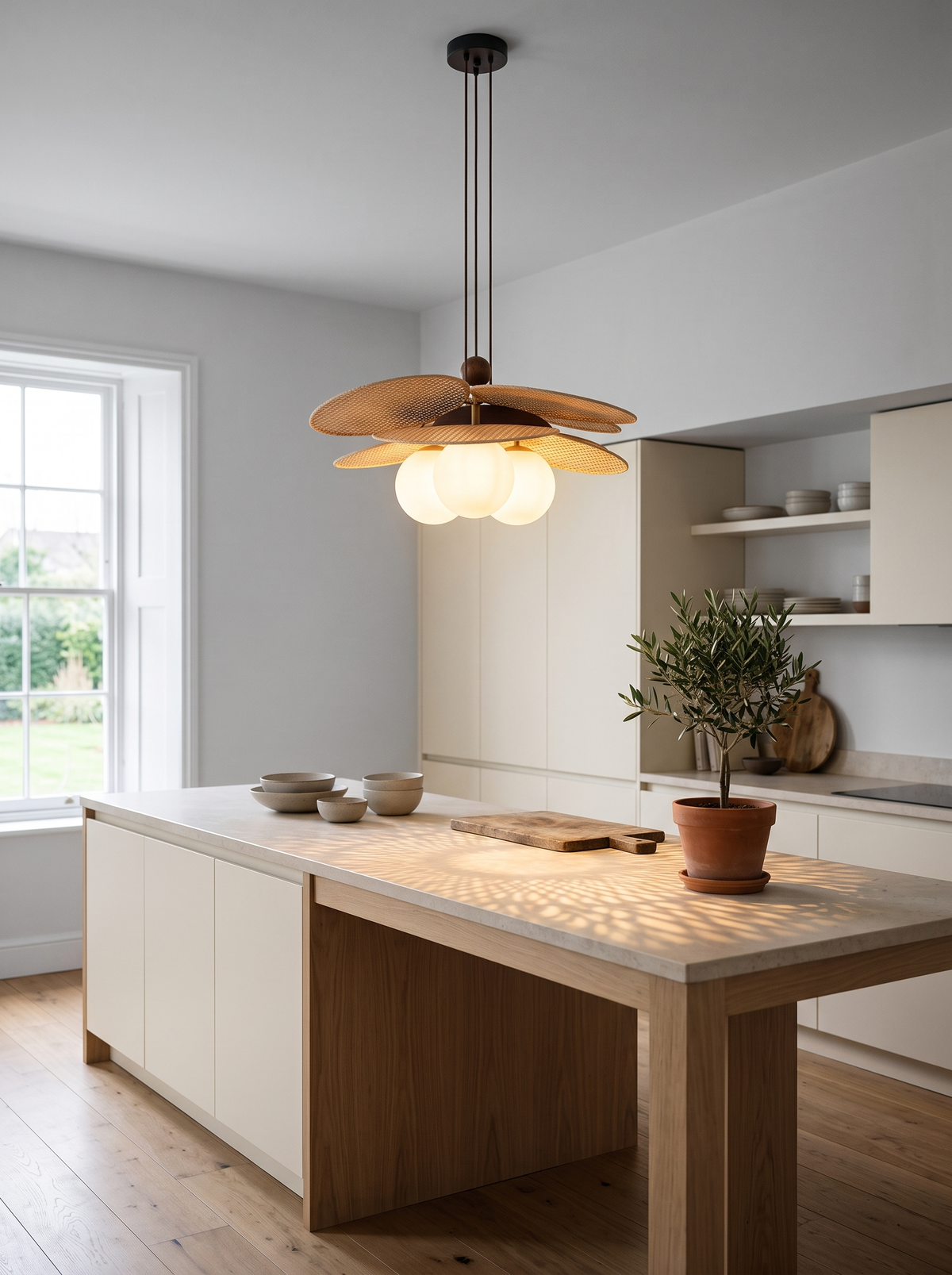 Ashi rattan pendant above a Nordic kitchen island