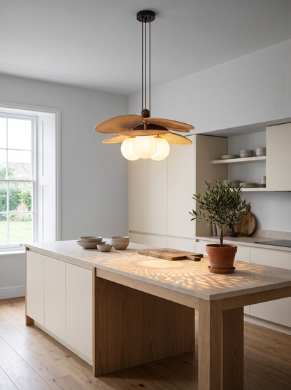 Ashi rattan pendant above a Nordic kitchen island