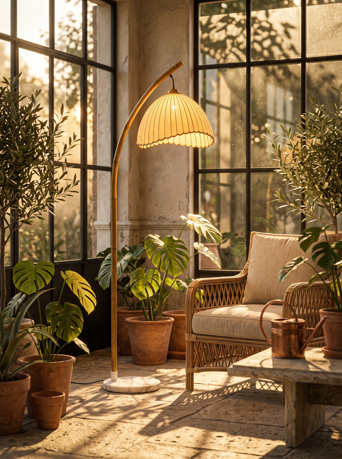 Suna floor lamp in a plant-filled garden room