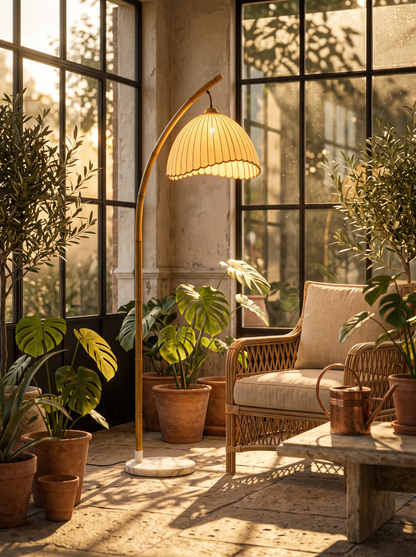 Suna floor lamp in a plant-filled garden room