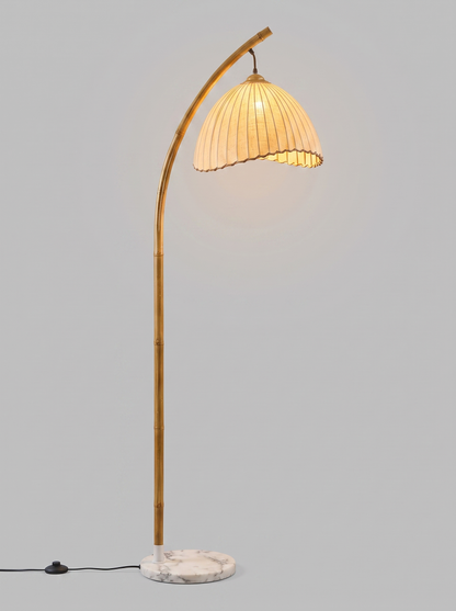 Suna bamboo and fabric floor lamp, studio view, lit