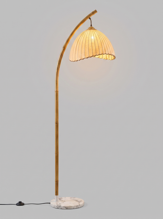 Suna bamboo and fabric floor lamp, studio view, lit