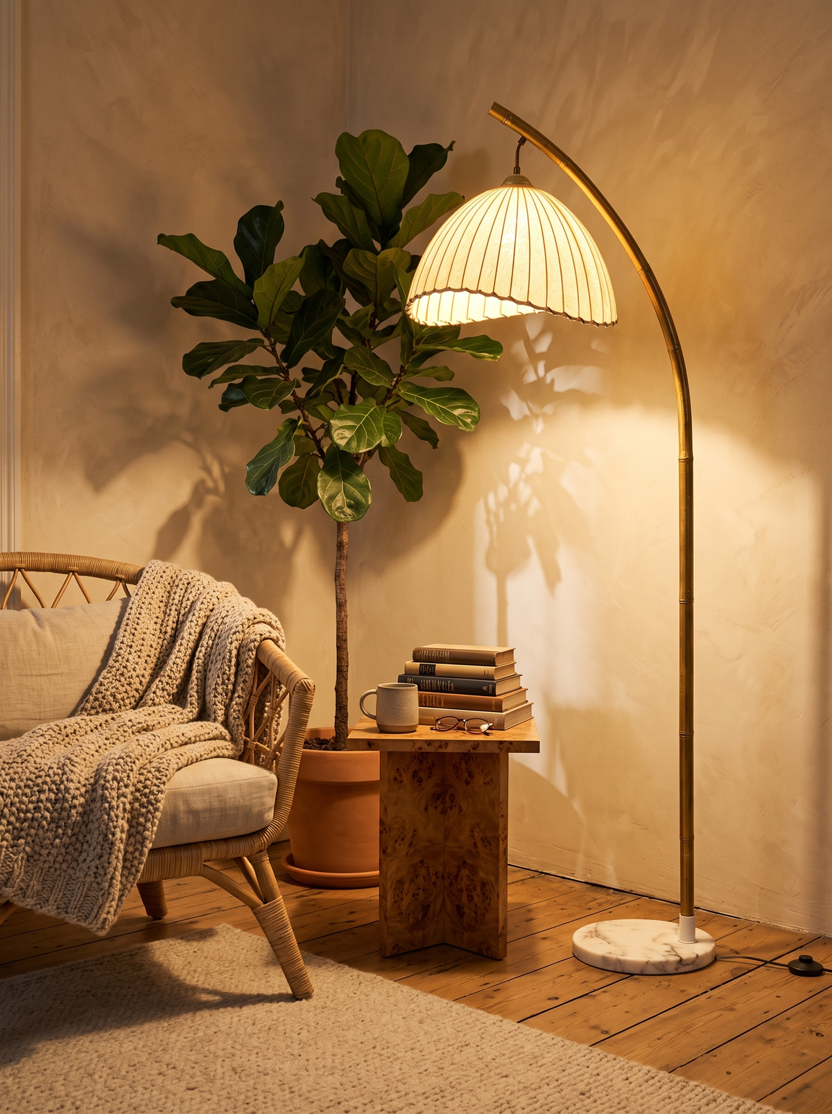 Suna floor lamp beside a rattan reading chair