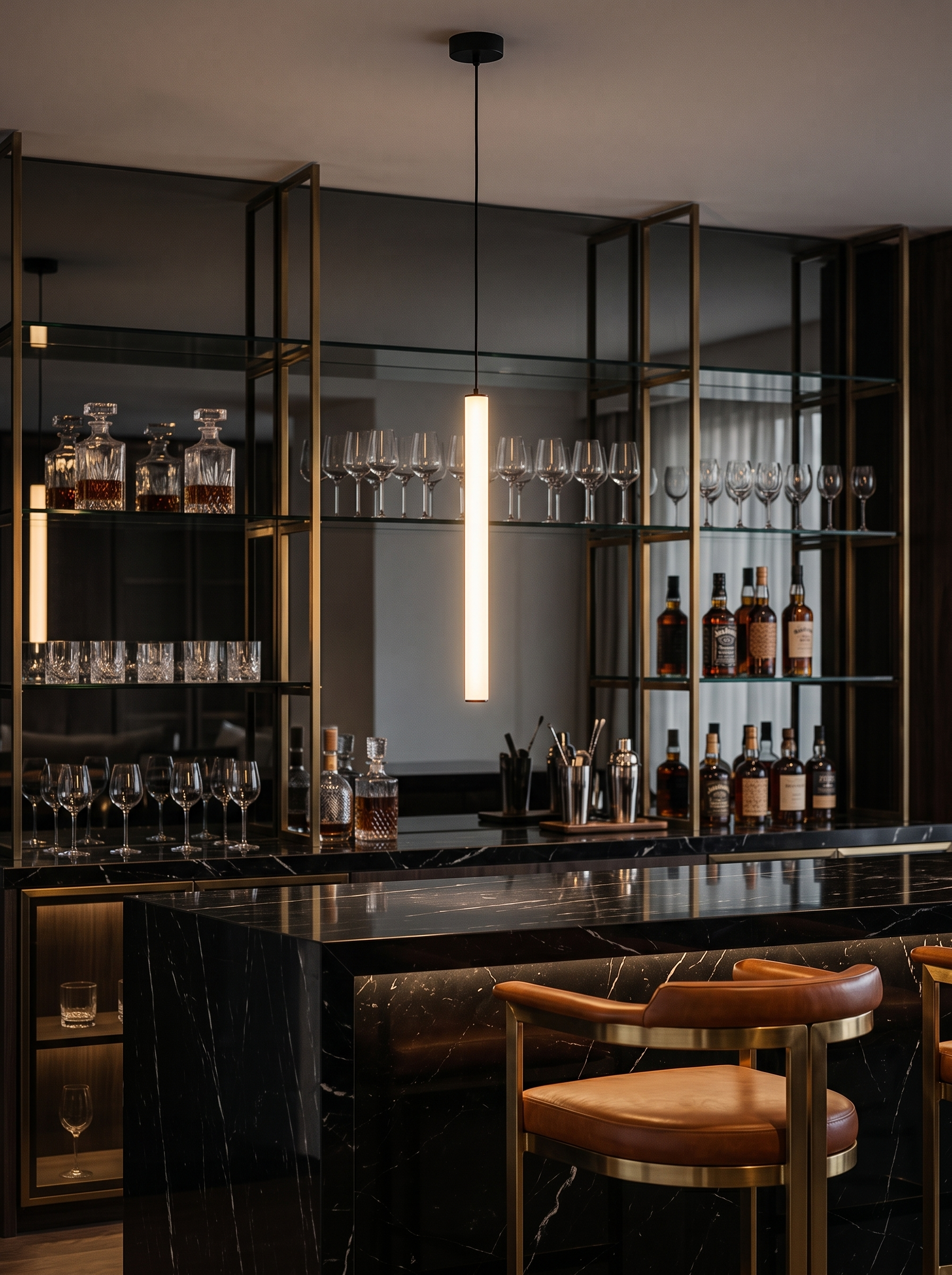 Filo pendant above a black marble home bar counter