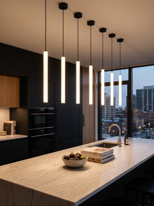 Row of Filo LED bar pendants over a marble kitchen island