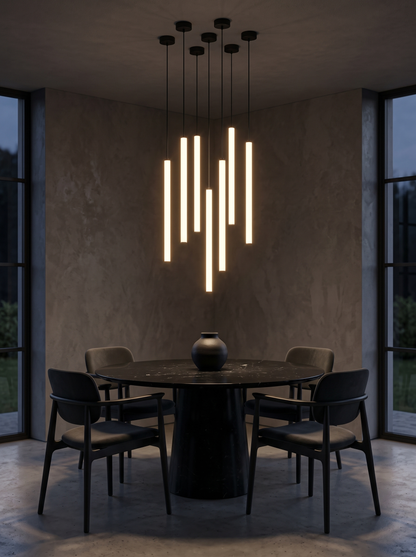 Cluster of Filo pendants over a round stone dining table