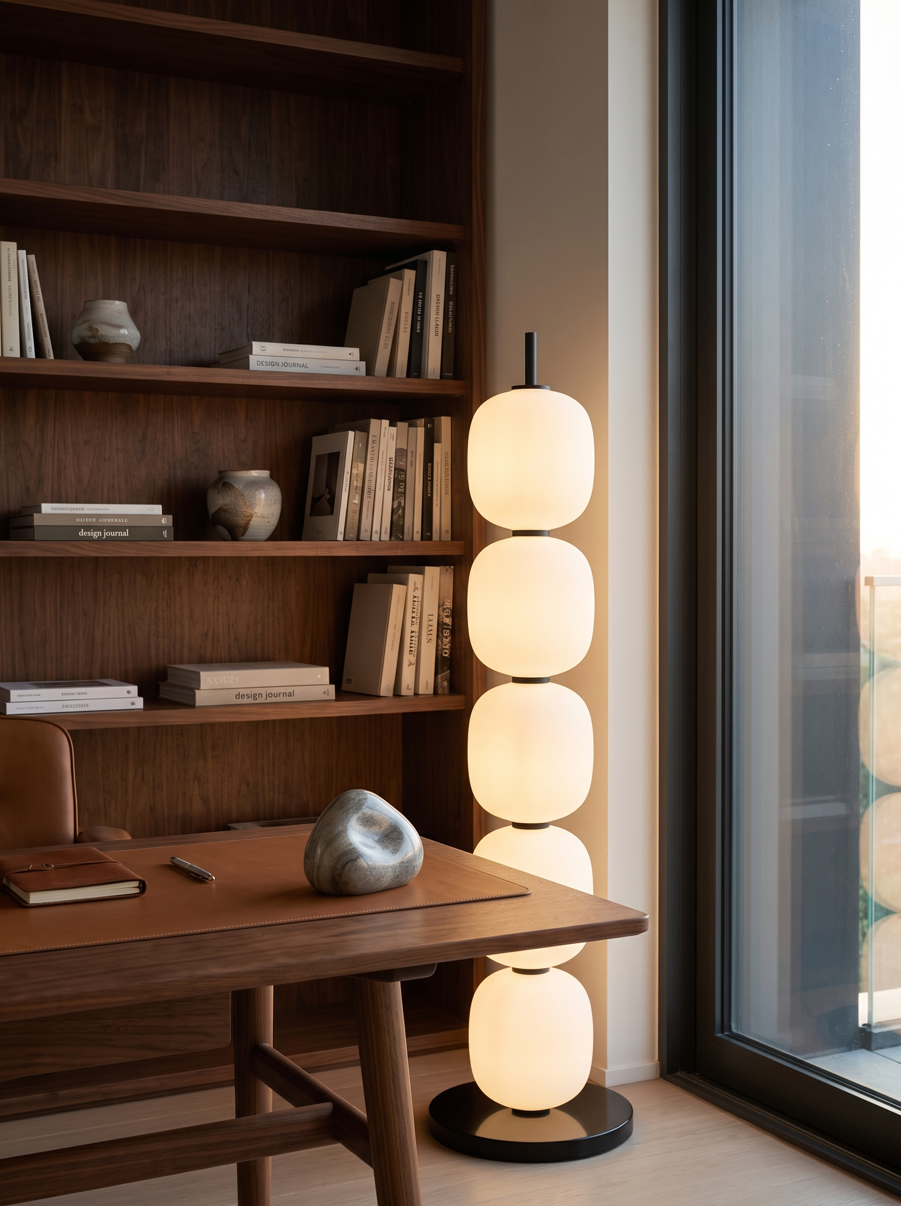 Sasso floor lamp beside a walnut desk in a home office