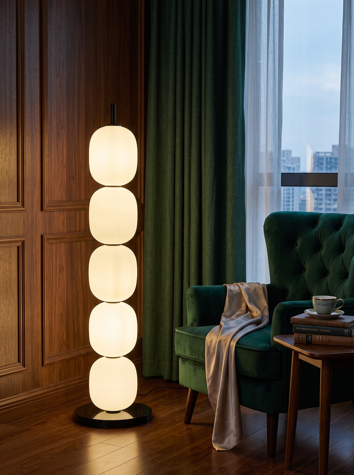 Sasso floor lamp beside a velvet armchair in a reading corner
