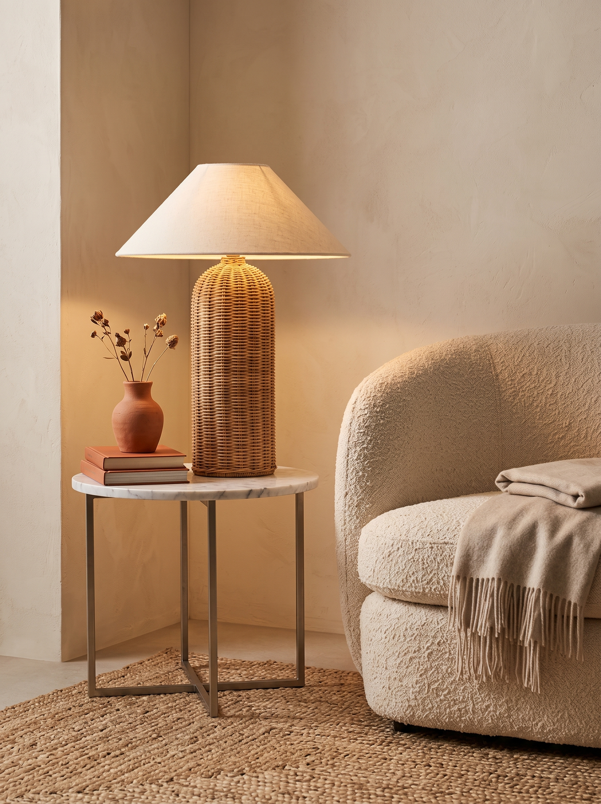 Rina rattan table lamp beside a boucle armchair in a reading nook