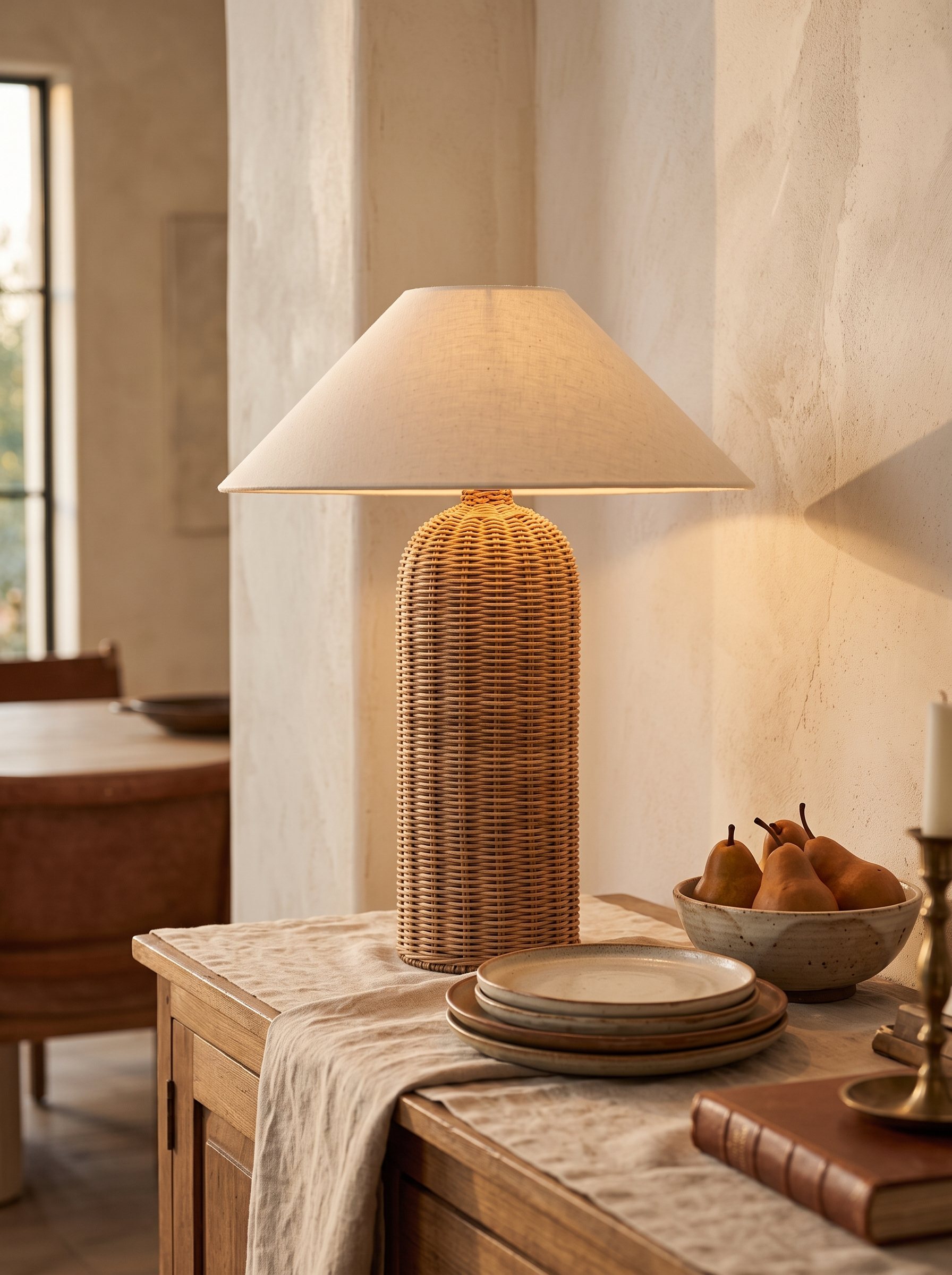 Rina rattan table lamp on a sideboard in a warm dining room