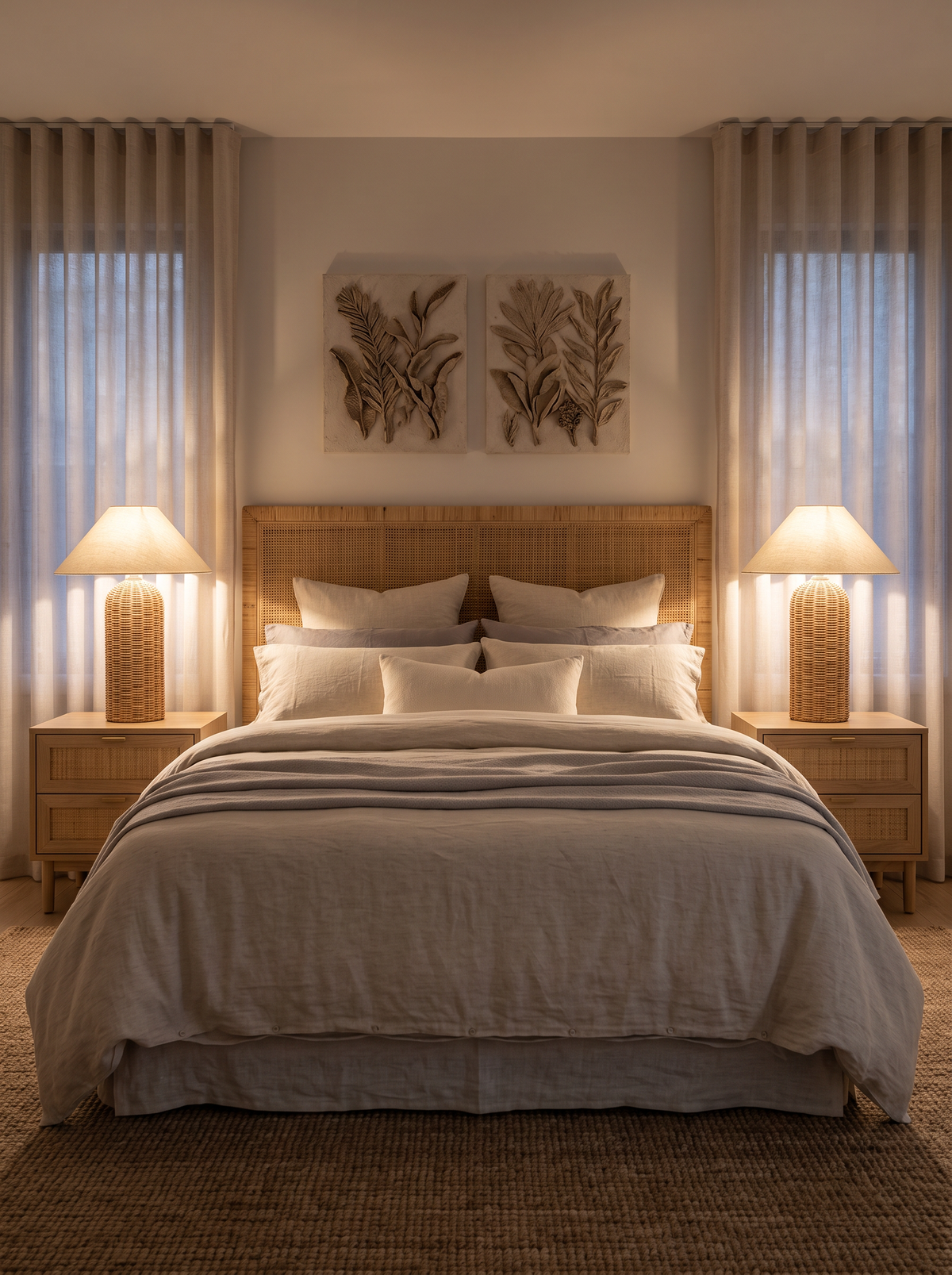 A matched pair of Rina rattan table lamps in a guest bedroom