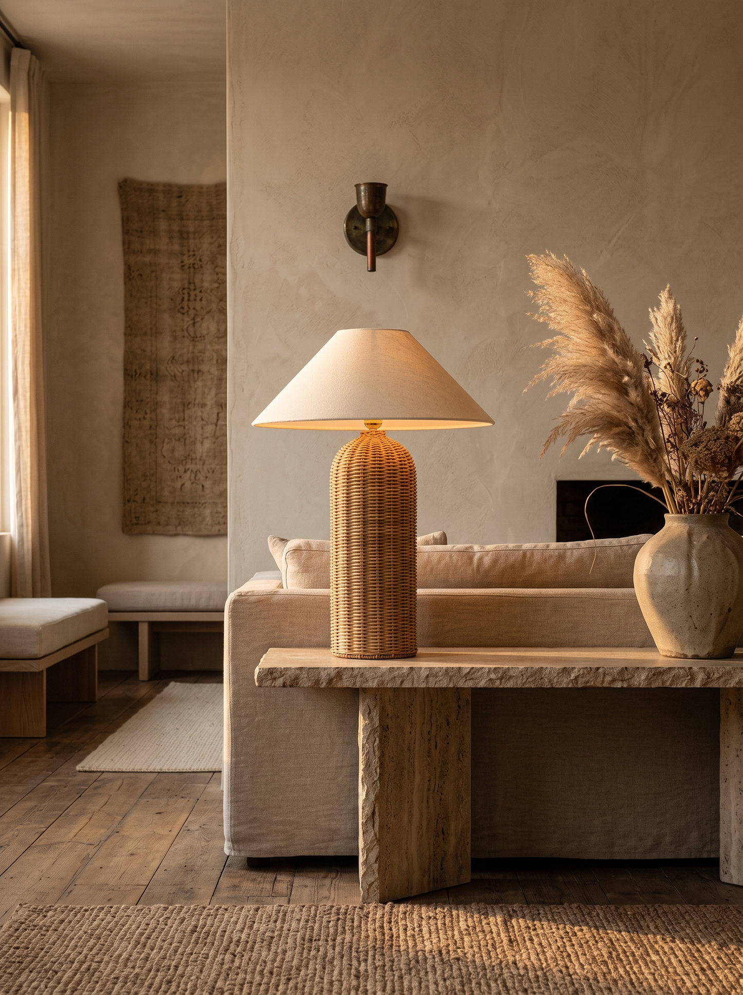 Rina rattan table lamp on a travertine console in a wabi-sabi living room