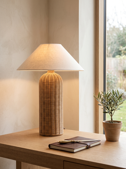 Rina rattan table lamp on an oak study desk