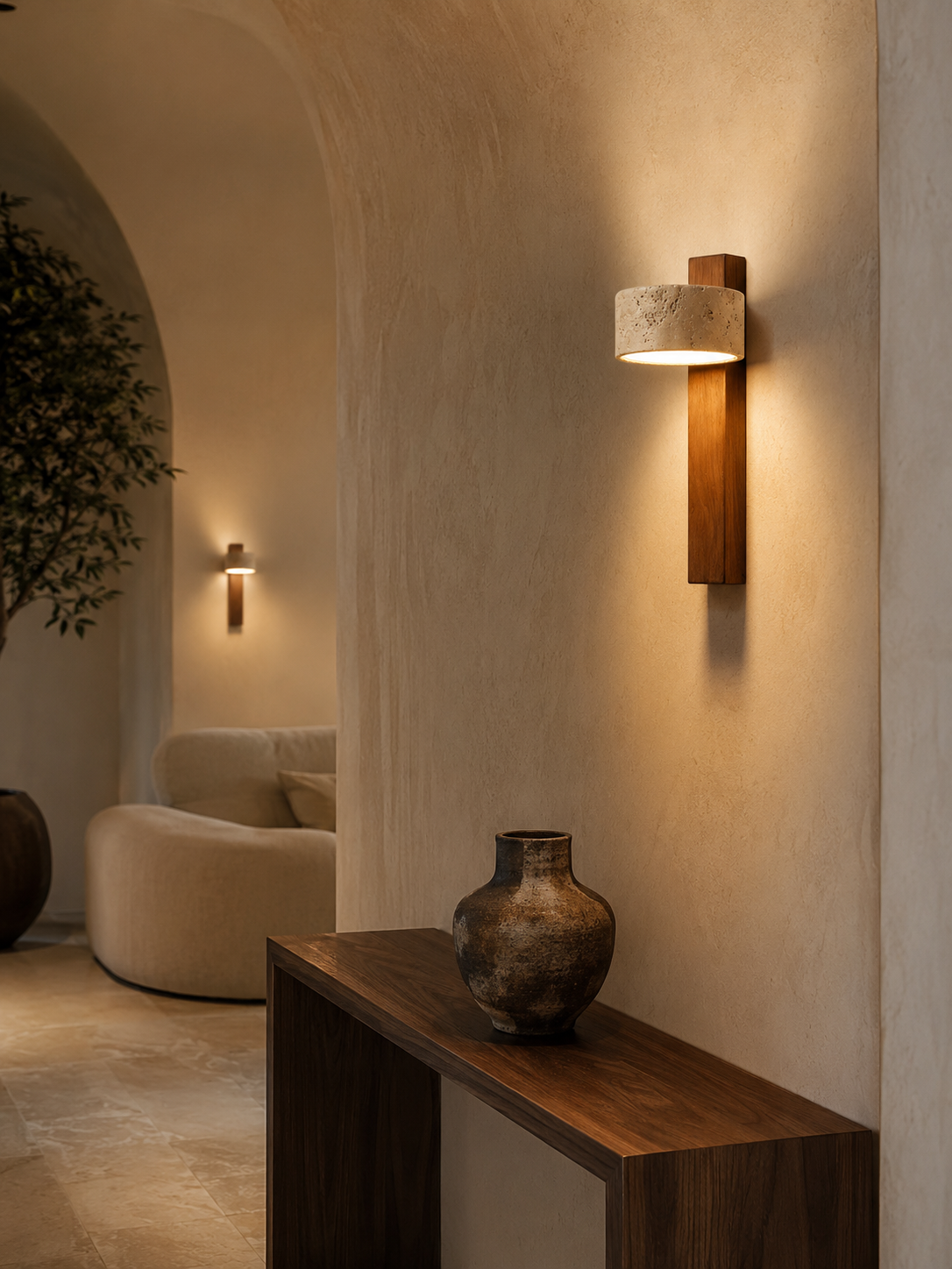 Livia — Travertine & Walnut Wall Sconce